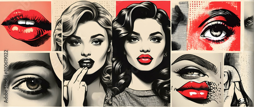 A vibrant pop art collage featuring stylized red lips and eyes on a pink spotty background