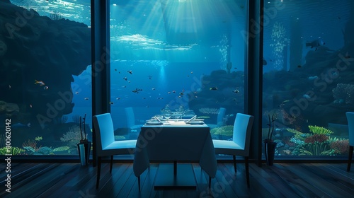 A table with two chairs and a white tablecloth in an underwater restaurant. The aquarium is filled with colorful fish swimming around. The scene is calm and relaxing