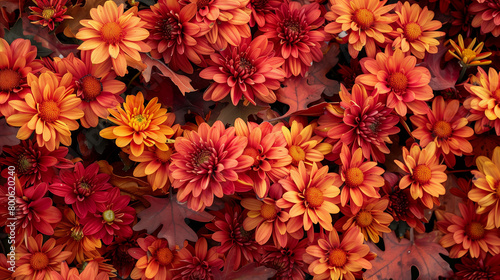 top down view of red and orange chrysanthemums with autumn leaves, fall foliage and flowers