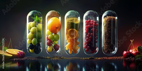 Generated imageVibrant Food Concept Photography. Fruits and Spices Encapsulated in Clear Vitamin Pills.