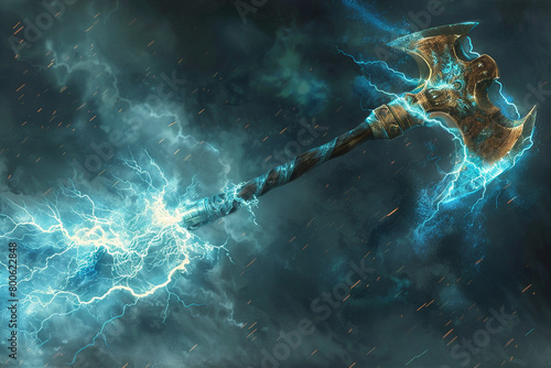 Lightning-charged stormcaller's battle axe, crackling with electrical energy.