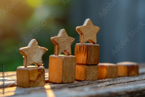 A series of wooden blocks, each stacked vertically and gradually increasing in size and detail from one to five stars, each block with customer reviews typical for that rating