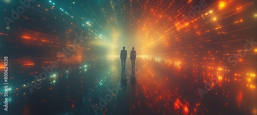  Two individuals stand amidst a brightly lit tunnel formed by myriad tiny blue dots, with a digital grid backdrop and luminous effects.