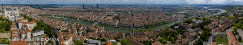 Aerial view of the Basilica of Notre-Dame de Fourvière and all the skyline of the city of Lyon. France. 