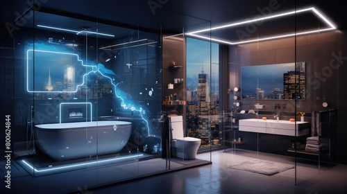 A photo cutting-edge bathroom with smart mirrors and programmable water temperature