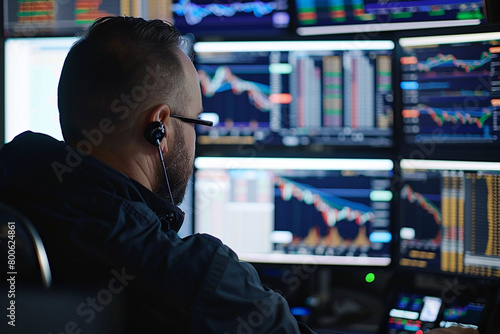 Trader executing trades on a multi-screen trading setup, close-up on the intense focus and rapid movements