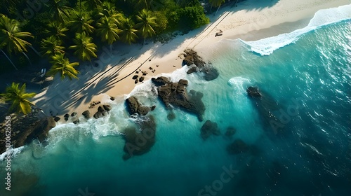 Panorama of a beautiful beach with palm trees and rocks in Seychelles