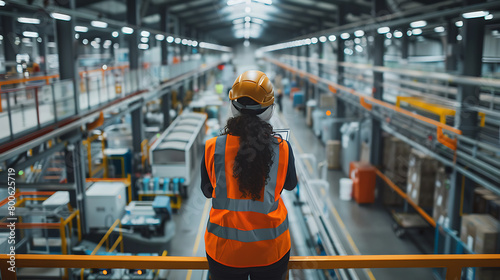 a person in an orange safety vest, standing on an elevated platform within a modern manufacturing facility