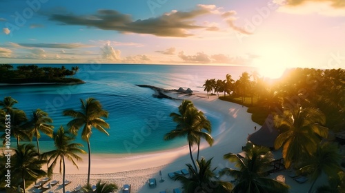 Panoramic view of beautiful tropical beach with palm trees at sunset