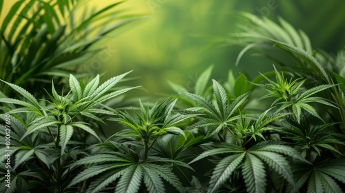 A close up of a marijuana plant with green leaves, AI