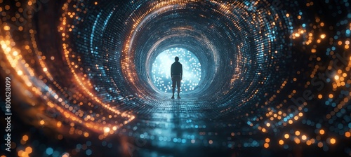 Amidst a brightly illuminated tunnel constructed from thousands of small blue dots, two men stand in the middle, with a digital grid backdrop and radiant light effects.