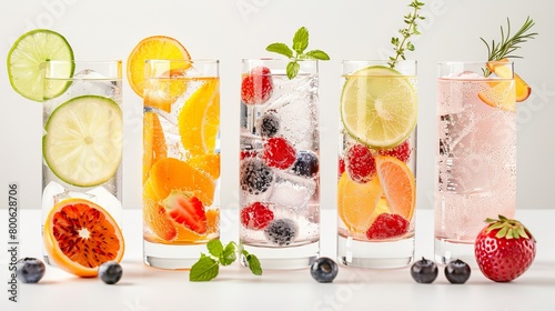 Elegant glasses brimming with sparkling mocktails, featuring a mix of fresh fruits, flavored syrups, and fizzy soda water, garnished with citrus twists, realistic photo
