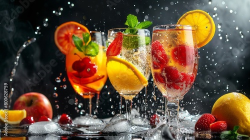 Elegant glasses brimming with sparkling mocktails, featuring a mix of fresh fruits, flavored syrups, and fizzy soda water, garnished with citrus twists, realistic photo