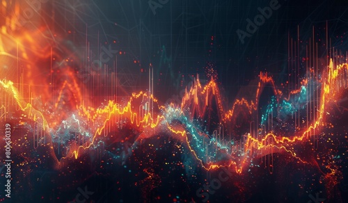 The stock market graph is going down, the background is dark and glowing with energy. Red, orange, yellow and blue colors are used. It has a cinematic, hyper realistic style.