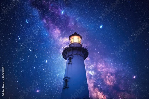 A picturesque lighthouse against a backdrop of twinkling stars. Suitable for travel brochures or inspirational posters