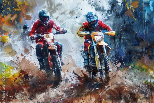 A painting of two individuals riding dirt bikes. Ideal for sports and adventure concepts