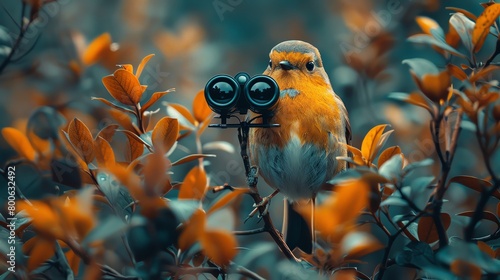 Bird watching in a serene forest, close-up on a pair of binoculars focusing on a rare species, nature's beauty