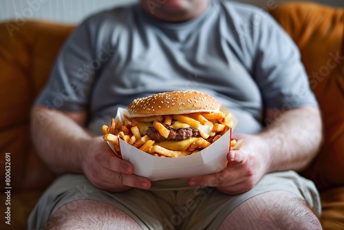 Fat man holding a hamburger with french fries in his hands. Close-up. Unhealthy food concept