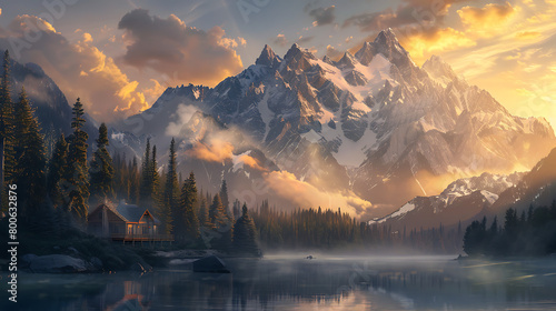 The scene unfolds against a backdrop of towering, snow-capped mountains that stretch into the distance