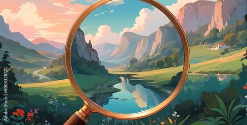Experience the duality of a half landscape and half magnifying glass, where the macro and micro worlds collide in a stunning display of contrasts . .