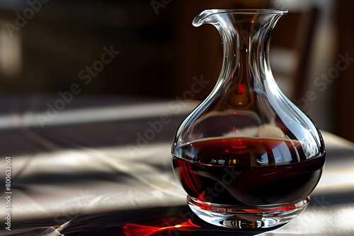A glass carafe, its elegant curves catching the light, is filled with a rich, ruby-red wine