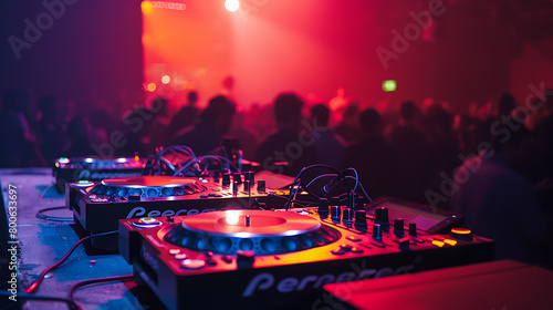 Foreground Focus: The central focus lies on a DJ’s turntable, adorned with various knobs and sliders, poised for music mixing