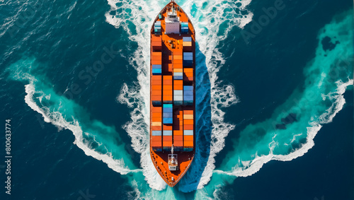 commercial cargo ship with containers in a beautiful ocean, aero