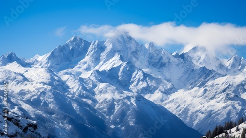 Panoramic view of the Caucasus Mountains in winter, Georgia.