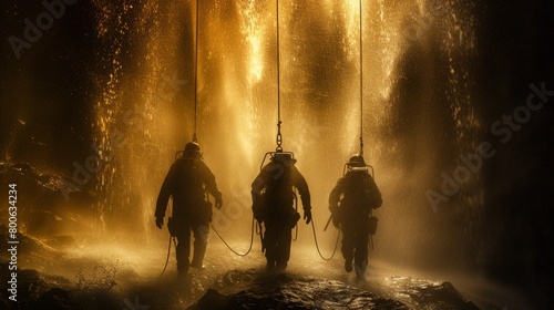 Three people in scuba gear standing next to a waterfall, AI