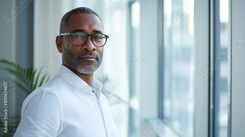 Man of African American descent, wearing glasses, stands in front of a window. He appears calm and focused, looking at the camera. Business success concept