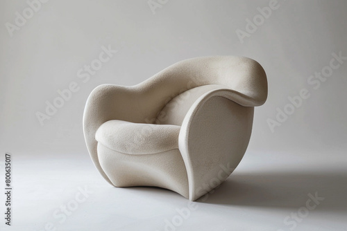 A curved armchair with a sculptural design, set against a solid white backdrop.