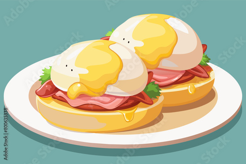 A classic eggs Benedict breakfast featuring poached eggs, Canadian bacon, and hollandaise sauce served on toasted English muffins, a brunch favorite