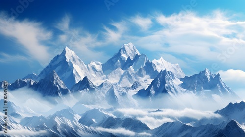 Panoramic view of snowy mountains in the clouds. Panorama