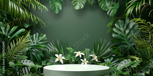 Simple round podium surrounded by green leaves