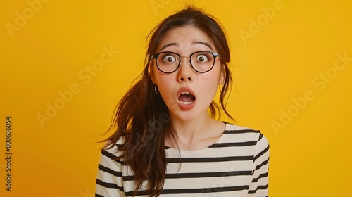 驚いた表情のメガネをかけた日本人女性