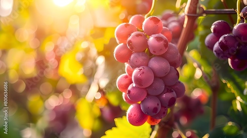 Sunlit Ripe Grapes Hanging on Vine in Vineyard at Sunset. Vibrant Purple Grapes Ready for Harvest. Agricultural Background with Copy Space. AI