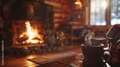 A cozy and rustic cabin retreat with a warm fire burning and members enjoying soothing hot beverages.