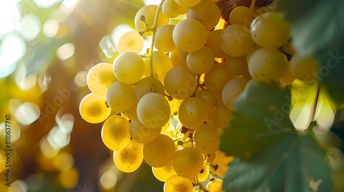 Sunlit Vineyard: Ripe Grapes Await Harvest, Golden Hour Glow, Fresh Produce Theme with Focus on Nature's Bounty. Simple Elegance in Agricultural Setting. AI