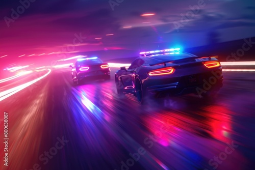 Two police cars speeding down a highway at night, suitable for law enforcement concepts