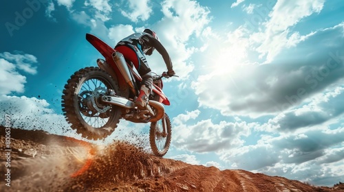 A man riding a dirt bike on top of a dirt hill. Suitable for outdoor sports and adventure concepts