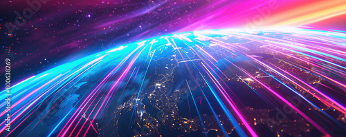colorful abstract image of the Earth with blue, pink and purple rays of light emanating from the equator