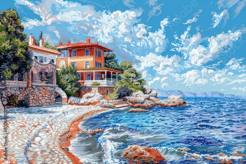 A picturesque painting of a house on a rocky beach. Ideal for travel brochures
