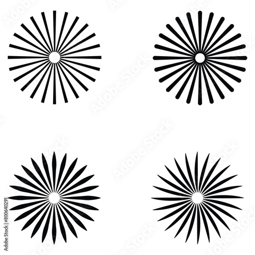 Sunburst icon in liner style. Burst symbol vector collection. Radial sun burst. Black-white round sunburst icons. Starburst circles. Vector illustration. Eps file 217.