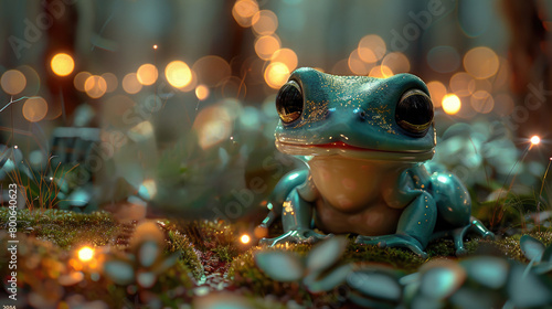 blue frog calmly sits atop a vibrant green field, blending into its surroundings.