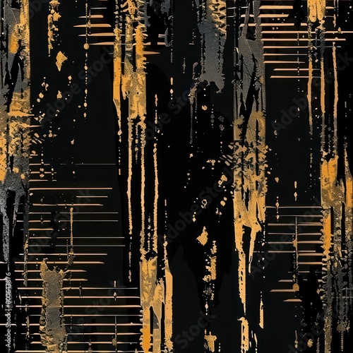 abstract vertical pattern with broken glitched lines of various thickness with dripping gold on a black background 