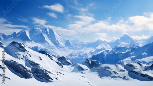 Panoramic view of snowy mountains under blue sky. Caucasus, Russia