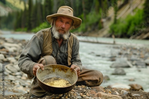 An elderly prospector pans for gold in a river, evoking the historic gold rush era with a rugged and determined expression