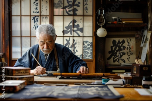 An elderly man in traditional Japanese attire focuses intently on practicing calligraphy, surrounded by brushes and ink on a wooden desk