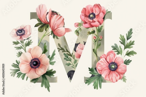 Watercolor flowers decorating the letter M, perfect for design projects