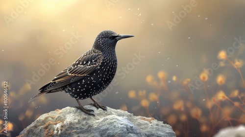 Illustration of a starling bird in black